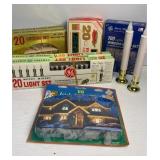 Vintage lights and boxes, battery candles and