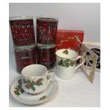 Set of 4 happy holidays glasses, tea set for 6
