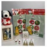 Peanuts letters to Santa, figurines, and earrings