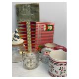 3 mugs, candy dish and vintage Santa coaster