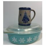 Turquoise Snowflake Pyrex Dish with Lid and Mug
