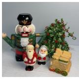 Nutcracker tea pot, vintage holly bell and two