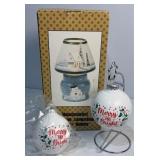 Snowman candle holder and two ornament and one