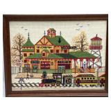 Framed Riverbank Train Station Needlework 10 x 13'
