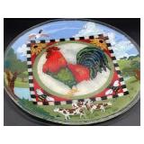 Rooster Farm Scene Round Glass Plate 13.5'