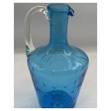Blue Art Glass Pitcher Applied Handle 10'