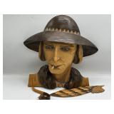 Hand Carved Wood Hunter Head Wall Plaque