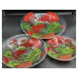 Signed Hand Painted Floral Glass Plates 3pc