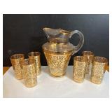 Mid Century Pitcher & Tumbler Set Gold Glass