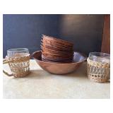 Wood Salad Bowl Set & Wicker Mugs