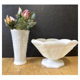Milk Glass Bowl & Vase w/ Faux Roses