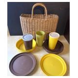 Vintage Tupperware Picnic Set In Wicker Tote