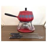 Retro Fondue Set Red Flower With Forks