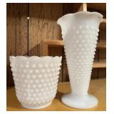 Milk Glass Hobnail Vase & Planter Pair