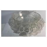 Glass Punch Bowl w Glass Cups Hooks & Ladle