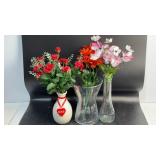 Glass & Ceramic Vase w Fake Flowers