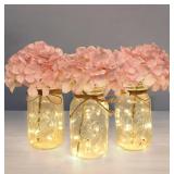 Set of 3 Mason Jar with Lights Blush Hydrangea