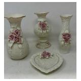 Porcelain 8ï¿½ Rose Vases & Heart Dish