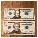 (2) 2013 US 20 Dollar STAR Banknotes