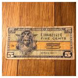 1954 US Five Cent Military Payment Certificate MPC