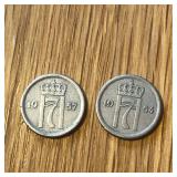 1954 & 1957 Norway 25 Ore Coins