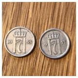 1955 & 1957 Norway 10 Ore Coins