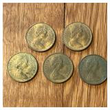 (5) 1966 Bahamas 1 Cent Coins