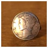 1939 Silver Mercury Dime Coin Ring