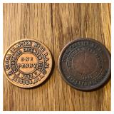(2) Masonic One Penny Token Coins