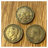 1941 & 1942 UK United Kingdom 3 Pence Coins