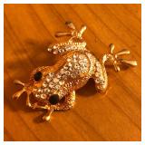 Gold Tone & Rhinestone Frog Brooch Pin