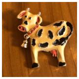 Enamel Cow Brooch Pin with Moving Bell