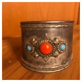 India Silver Turquoise Coral Wide Cuff Bracelet