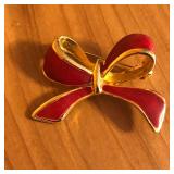 AAi Gold Tone & Enamel Red Bow Brooch Pin