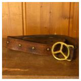 Vintage Leather Belt with Brass Peace Sign Buckle