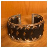 Silver Tone & Black Leather Cuff Bracelet