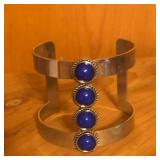Silver Tone & Blue Stone Wide Cuff Bracelet