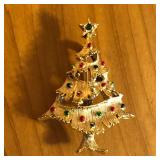 Gold Tone & Enamel Christmas Tree Brooch Pin