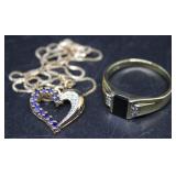 Sterling CZ & sapphire 18" chain necklace with hea