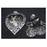 Siam Silver pendant, screw back earrings & ring -