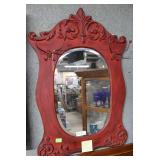 Red painted entry mirror with hat hooks 39" x 24.5