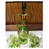 7pc green & gold cordial decanter set