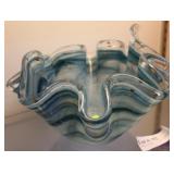 Blue wave crest center art glass bowl with gold ac