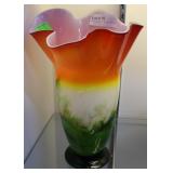 Art glass orange and green ruffle top vase