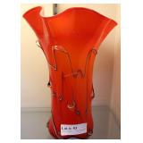 Red ruffle top vase with black & white strips