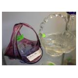 Two art glass bowls: purple/blue & clear