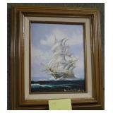 Oil on canvas sailing ship15x13 in.