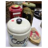 Cookie jar, wooden bun press, 