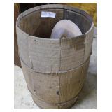 Wooden nail keg and antique portrait