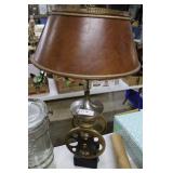 Coffee urn table lamp with leather and brass shade